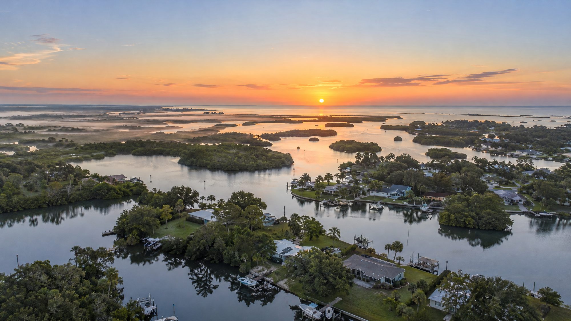 Sunrise over waterfront homes, canals and salt marsh on Florida's Nature Coast