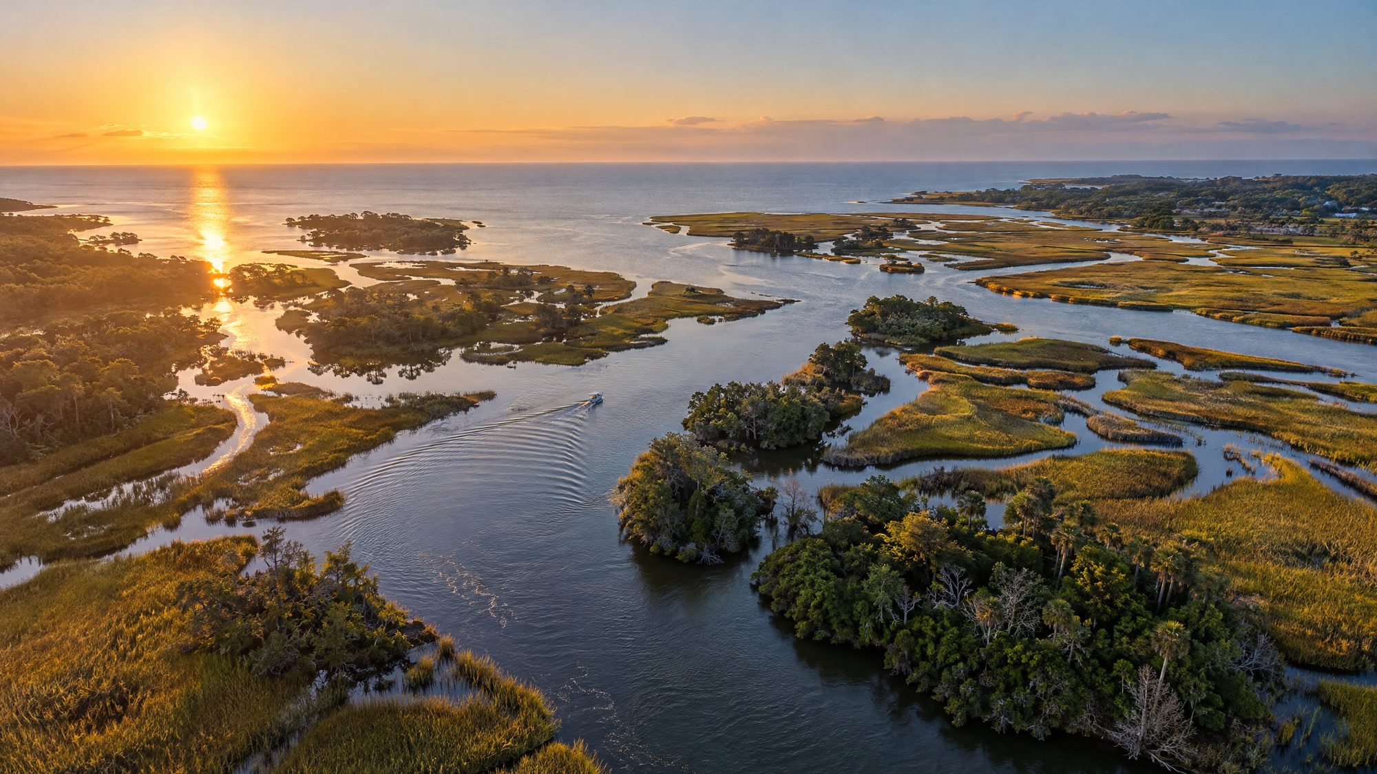 River mouth and salt marsh on the Gulf coast at golden hour