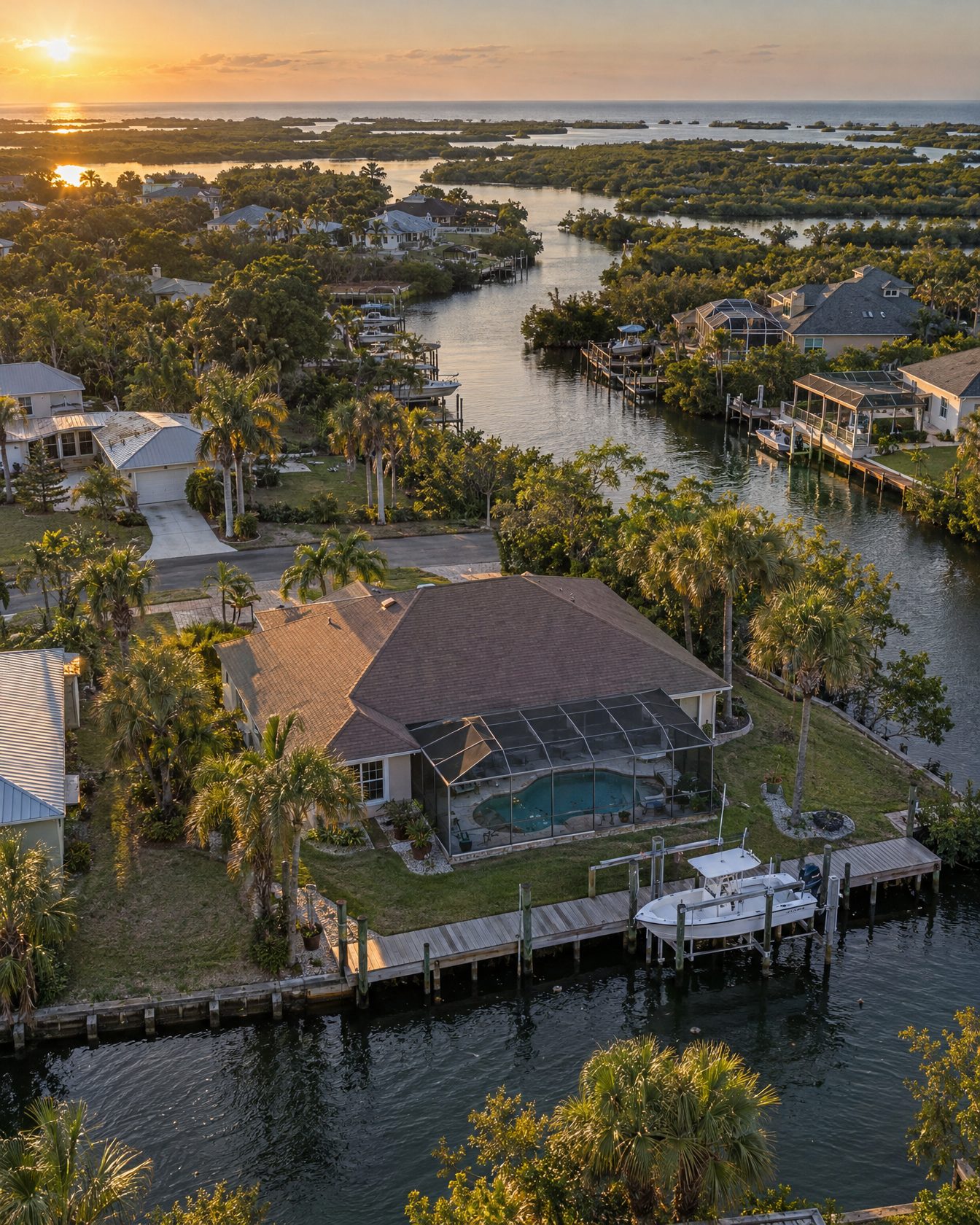 Canal-front home with dock at golden hour