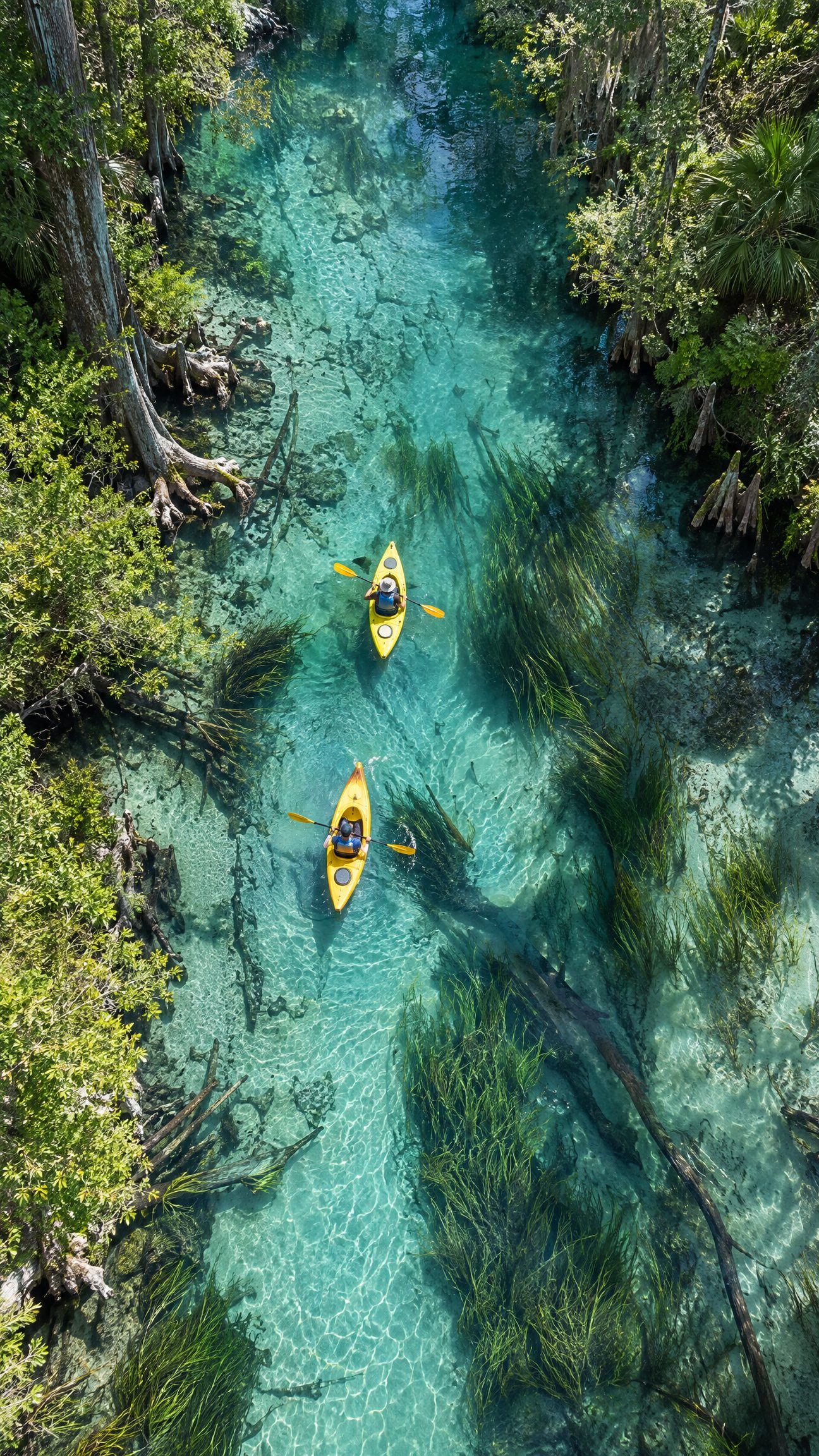 Kayakers on clear spring water seen straight down