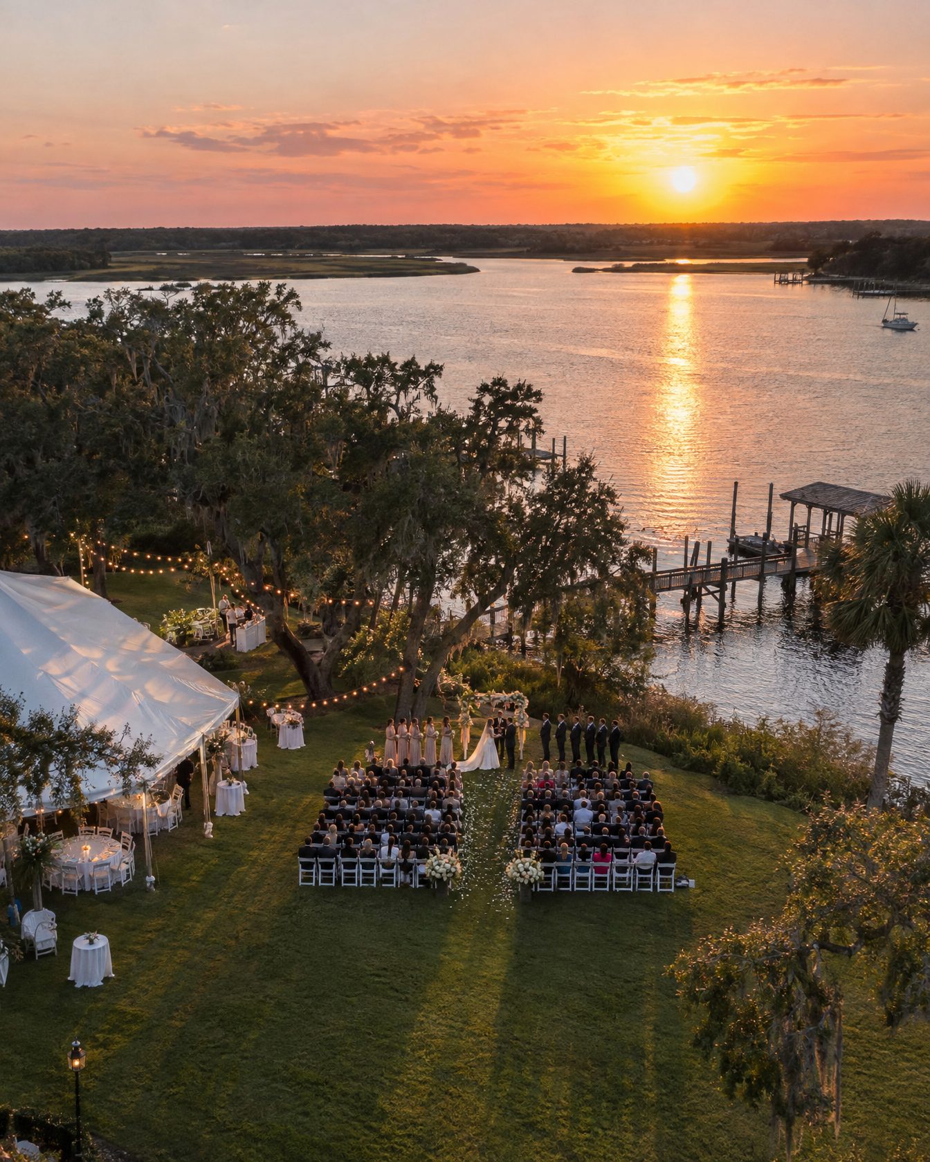 Waterfront wedding ceremony at sunset seen from above